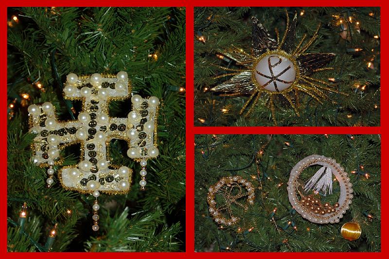 Chrismons.jpg - A closeup of several Chrismons that decorate the tree at Stone Church.