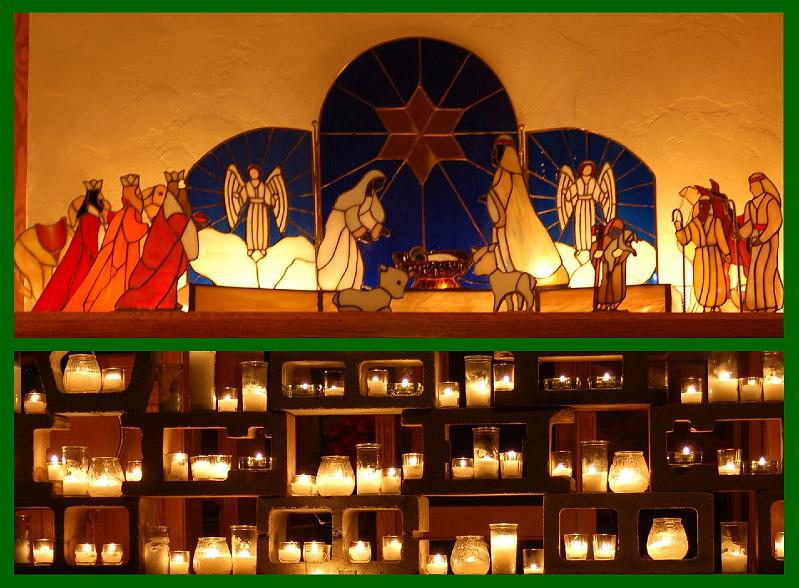 Nativity&Candles.jpg - (Top): The Nativity set seen in the Sanctuary; (Bottom) Advent Taiz&eacute; candles.