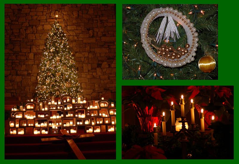 TaizeScenes1.jpg - (Left): Lighted Christmas tree and Taiz&eacute; candles; (Upper Right): a Chrismon; and(Lower Right): candles; all taken at a Taiz&eacute; service during Advent.
