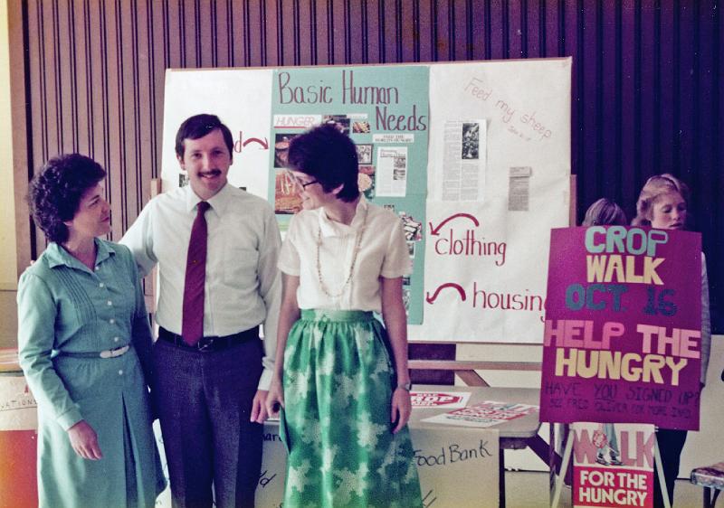 1983-1.jpg - Church and World Board members Virginia Holtz, Fred Oliver and Sue Williams plan mission outreach and community service projects for Fall 1983.  Included is recruitment for the Crop Walk.
