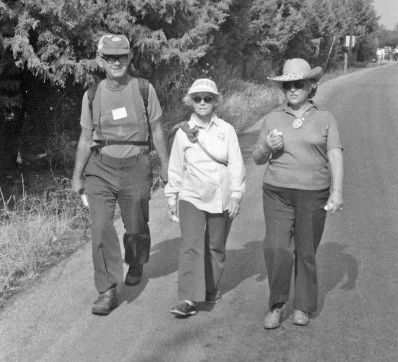 1983-5.jpg - Stone Church members (L-R) O.B. Watson, Vonley Ward and Kay Watson walk for CROP.  In 1983 the walk began at the Campbell Percolation Ponds, and went to Vasona Park and back.