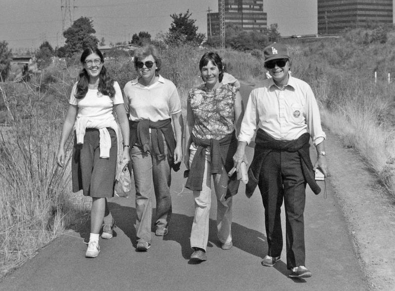1983-6.jpg - Stone Church Associate Pastor Joan Huff (on left) is joined by Alice Thorn, Jan Barley and Associate Pastor Gene Huff.  (1983)