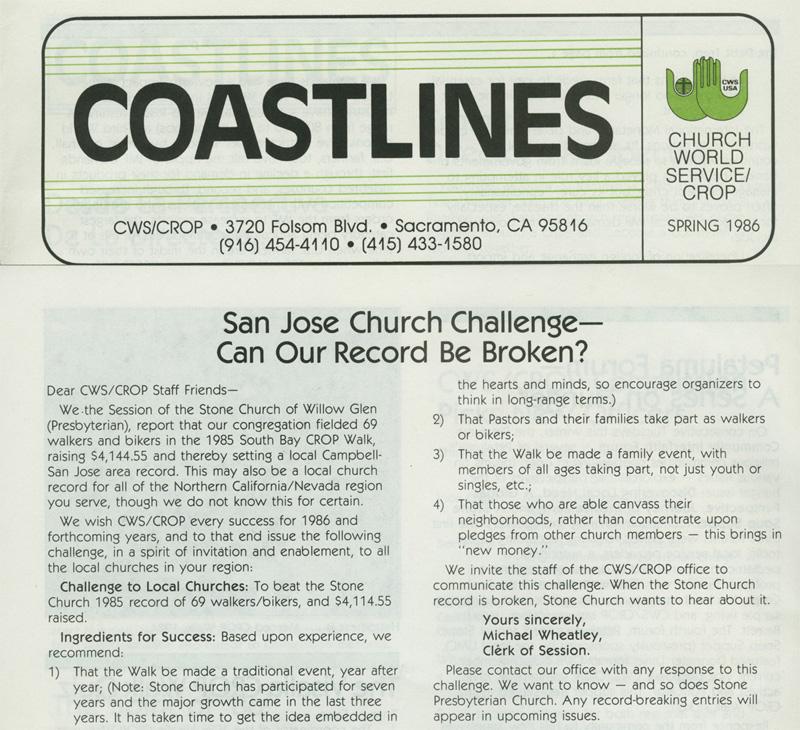 1986-1.jpg - In early 1986 Stone Church issued a challenge to all churches in the Northern California region of Church World Service / CROP.  It was published here in the CWS regional newsletter that spring.