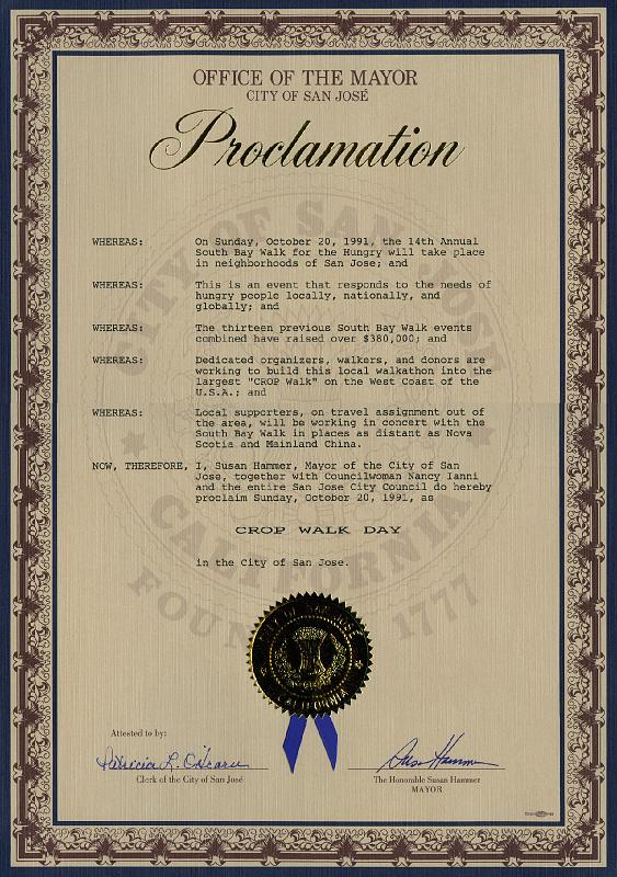 1991P.jpg - For several years the San Jose City Council and Mayor proclaimed the day of the walkathon "CROP Walk Day in San Jose."  Here is the proclamation issued for Fall 1991, when leaders were working to make the local walk the largest on the West Coast of the USA.  Success eventually came a few years later.
