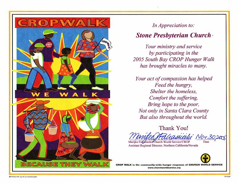2005C.jpg - Church World Sevice issued this Certificate of Recognition to Stone Church, for being one of the South Bay Crop Walk's ten largest donor churches, in 2005.  Stone Church has consistently ranked in the "top ten" - out of some fifty participating churches - in contributions.
