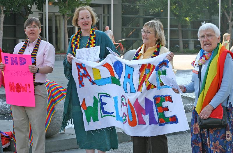 204.jpg - More Light Presbyterians joined together for worship, song and witness outside the San Jose Civic Center before Sunday worship. Photo by Danny Bolin