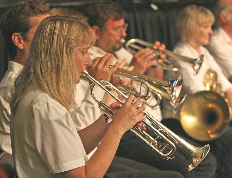 215.jpg - The South Bay Brass ensemble and guest instrumentalists provided music at Sundays worship service in the San Jose Civic Auditorium. Photo by Danny Bolin