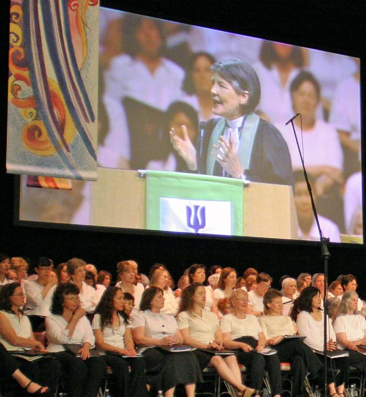 219.jpg - The Rev. Joan S. Gray, moderator of the 217th General Assembly, preached on The Impossible Commandment from the San Jose State University Event Center. Worshipers at the San Jose Civic Auditorium watched the broadcast. Photo by Danny Bolin