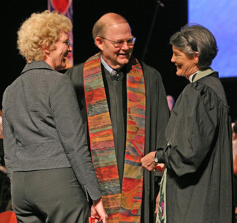 226.jpg - Linda Valentine, executive director of the General Assembly Council, Stated Clerk Clifton Kirkpatrick, and the Rev. Joan S. Gray, moderator of the 217th General Assembly, participated in Sundays worship service at the Civic Auditorium. Photo by Danny Bolin