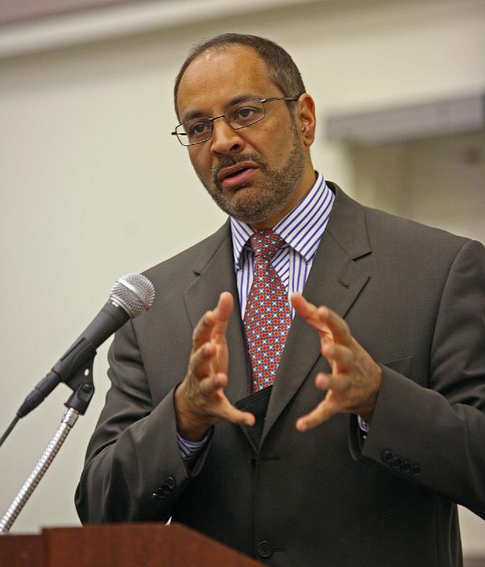 508.jpg - Dr. Muneer Fareed, secretary general of the Islamic Society of North America, spoke on an interfaith perspectives panel at the Ecumenical Breakfast on Wednesday. Photo by Danny Bolin