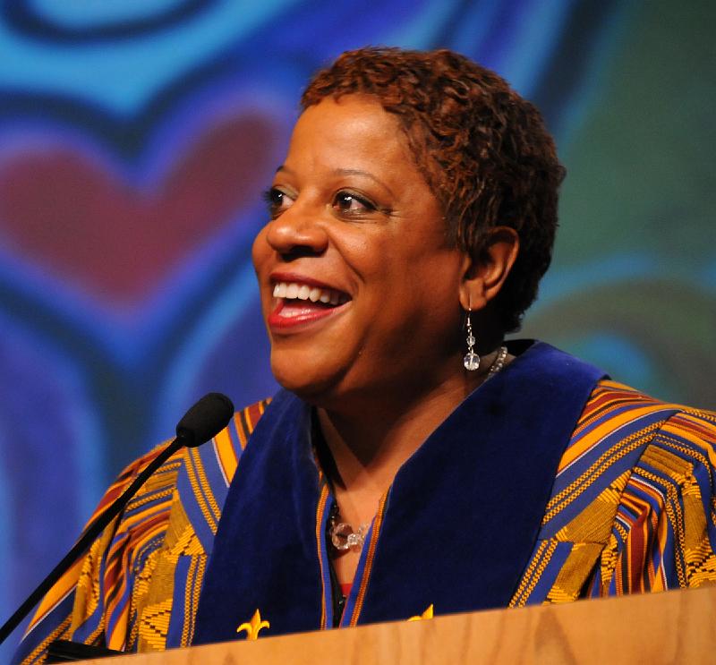 728.jpg - The Rev. Diane Givens Moffet, an Oakland native and pastor of Saint James Presbyterian Church of Greensboro, NC, delivered an impassioned sermon on courage at Fridays worship service. Photo by Joseph Williams