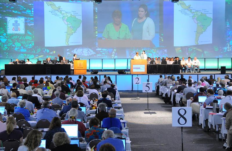 733.jpg - The Committee on Peacemaking and International Issues reported on many global issues on Friday afternoon.  Latin America was being discussed as the above photo was taken. Photo by Joseph Williams