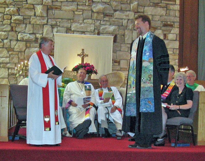 IMG_0697a.jpg - The Rev. Marge Palmer (Moderator of the Presbytery of San Jose), the Rev. Bob Bowles, the Rev. David Beamer, the Rev. Ken Henry, and Elder Jane Odell.