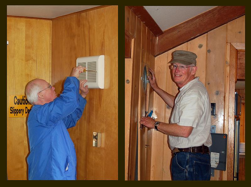 91.jpg - One (of three) projects: remove the portable heaters in our cabin, and in the dining hall, as these will be replaced with central heating.  Here Gary works at our cabin, and Art at the dining hall.
