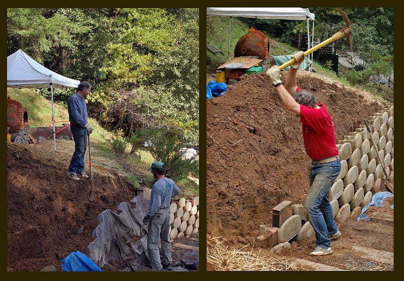96.jpg - The third project was building a retaining wall near the dining hall.  Several of us, including Pat, Gabe, Rod and David, laid quite a bunch of those interlocking stones. Gabe and Pat are shown in the left panel; on the right Gabe swings a mighty pick.