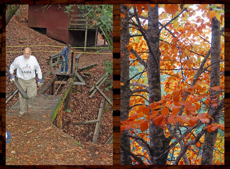 BR_0020A.JPG - (Left) Bill Lakatos and Gabriel Faber get to work removing the walkway. (Right) Fall color at Westminster Woods.
