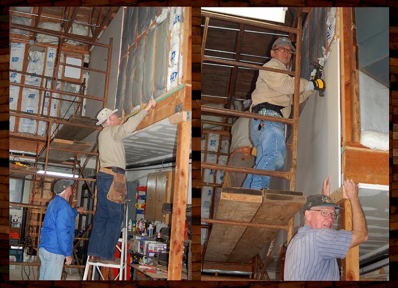 DR_0033A.JPG - (Left) Gary and Art measure for the next piece of drywall. (Right) Leland and Gary install the piece.