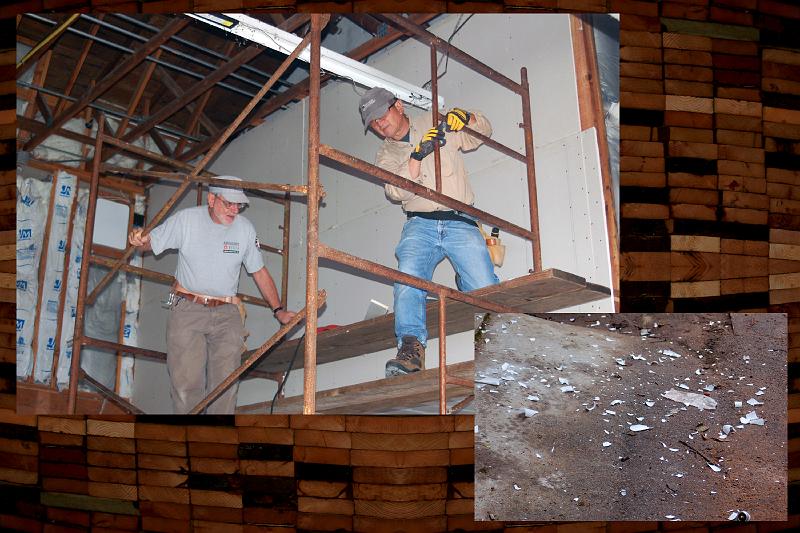 DR_0042A.JPG - Oops! Rest in pieces! (Left) David and Leland watch as a fluorescent tube crashes to earth, when the scaffold was moved. (Lower Right) Fluorescent tubes are guaranteed to shatter upon impact.