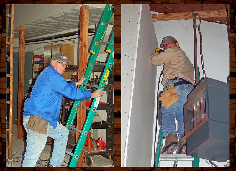 DR_0062A.JPG - (Left) Gary holds the ladder, while (Right) Leland maneuvers into a tight spot to attach a drywall piece.