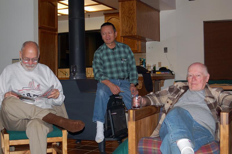DSC_0092.JPG - After a long day, the guys relax at the Retreat Center cabin.  (L-R) Bill, Leland and Bruce.
