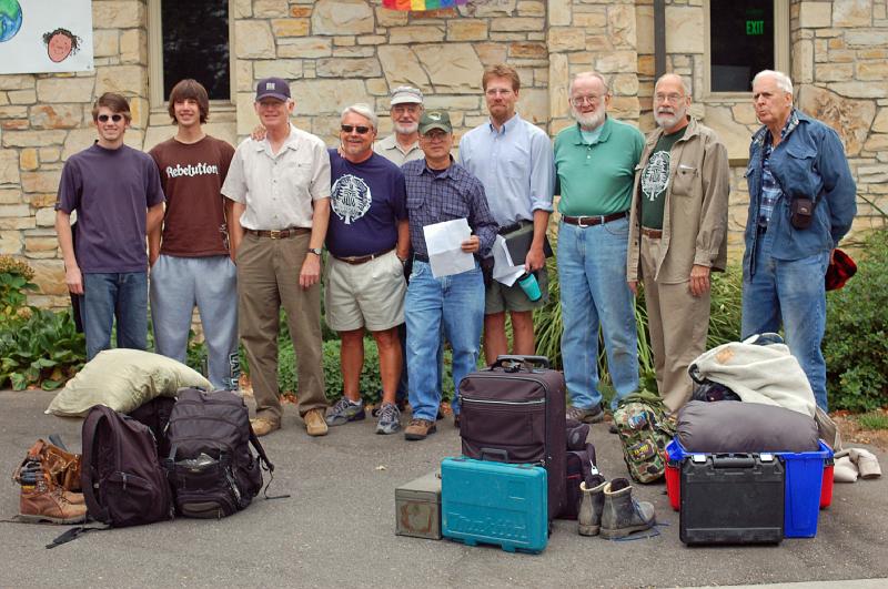 101.jpg - We gather at Stone Church before leaving.  L-R: Gordon Meacham, David Moncrief, Art Holtz, Michael Donald, David McCreath, Leland Wong, Rev. Ken Henry, Rod Thorn, Bill Lakatos and Bill Palmer.  Not shown: John Lococo