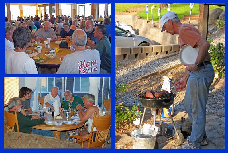 214.jpg - Upper Left: we gather for lunch at the Tallac Center dining room. Lower Left: after work, we relax in our cabin before dinner. Right: John barbecues some delicious tri-tip for dinner one evening.