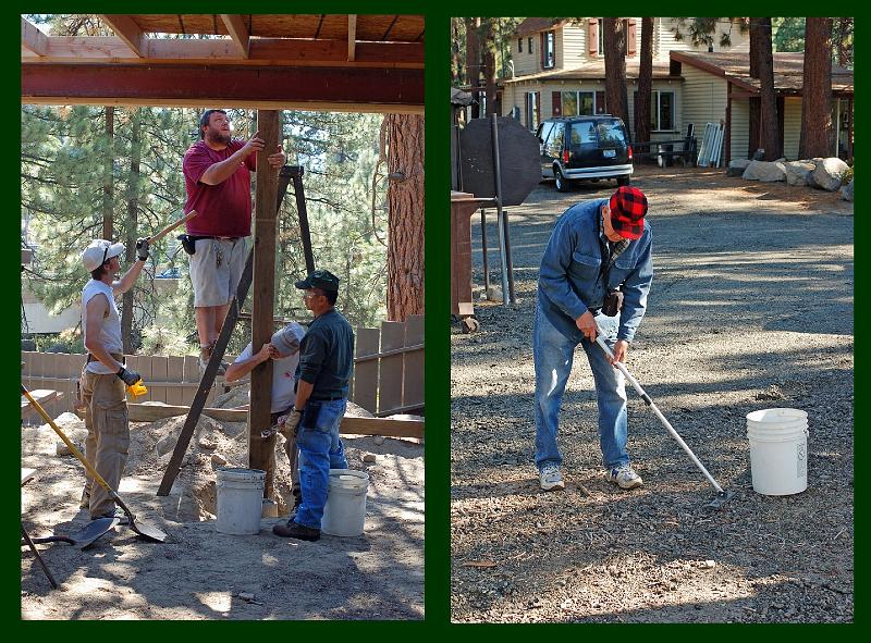 304.jpg - Left photo: Gordon, Mark and Leland install a post that will help enclose the back of the area.  Right photo:  Bill Palmer sweeps the ground with a magnetic tool, to pick up loose nails.