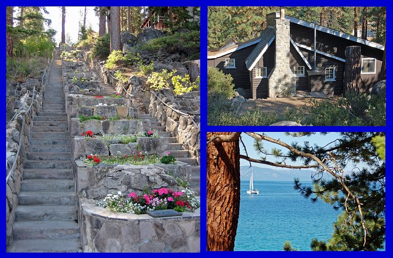 401.jpg - Left: precisely 181 steps takes one from the lower driveway to the very top of the hill. Upper Right: a many-gabled cabin at the Conference Center. Lower Right: a sailboat on Lake Tahoe.