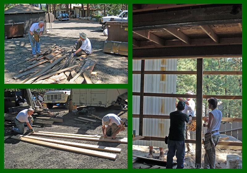 407.jpg - Upper Left: Rod and Bill remove nails from scrap lumber, before cutting it to fireplace size. Lower Left: Rod and David measure a board for length. Right: Corrugated plastic is becoming the back wall.