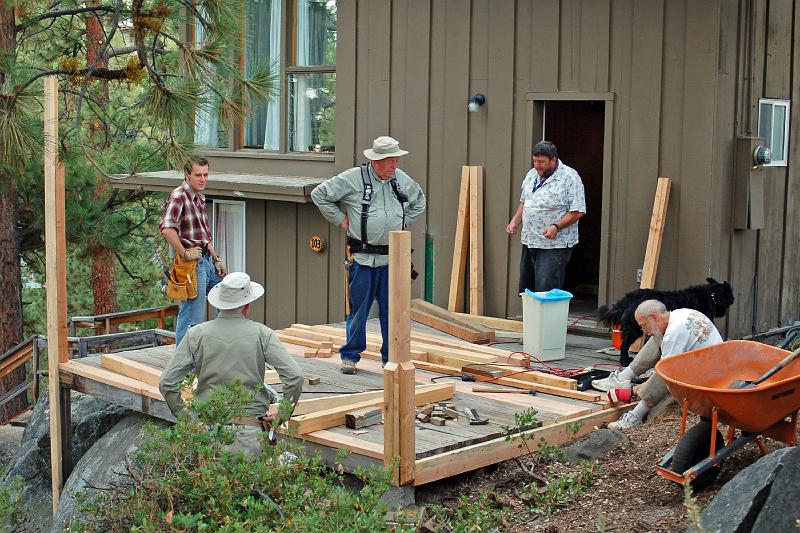 DSC_0076.JPG - (L-R) Chris, Art, Lawrence, Mark and Bill at work on the Low Deck.  It needed a completely new set of railings, posts, and selective replacement of deck boards.