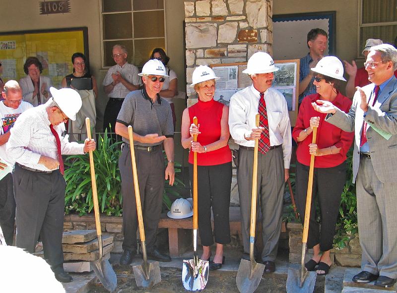 107.jpg - Facilities Task Force members Pat Magee, John Lococo Jr., Linda Appleton, Fred Oliver and Barbara Krause (left to right) are in hard hats, preparing for the work ahead.