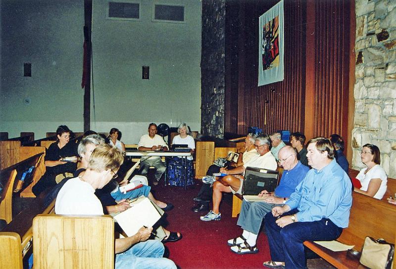 313.jpg - Session met wherever there was available space, and that varied throughout the construction process.  Here they are pictured at the back of the Sanctuary.