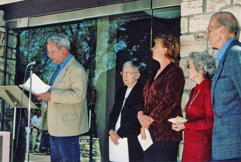 401.jpg - As former Stone Church Pastor Rev. Art Mills opens the Dedication ceremony, Stone Church's Stated Supply Pastor Rev. Marge Palmer and Associate Pastor Rebecca Kuiken look on, together with Interim Executive Presbyter Jane Odell and Stated Clerk John F. Lococo, from San Jose Presbytery.  They are shown left to right.