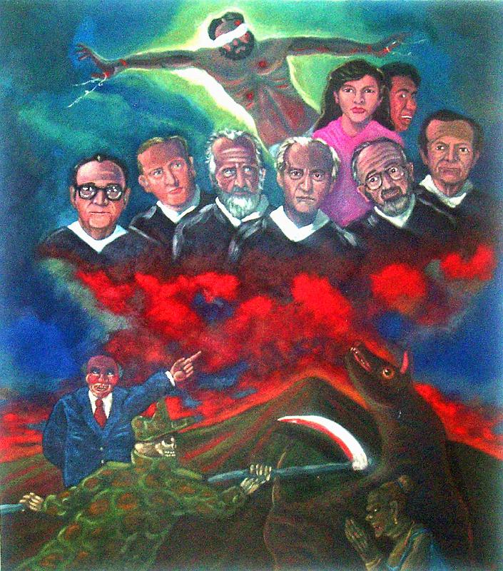 A018.jpg - Jesus is crucified again when the 6 Jesuits, housekeeper and daughter were assassinated by the oligarchy and Salvadoran army, 11/16/89.  Painting in the UCA (University of Central America) Jesuit Chapel.