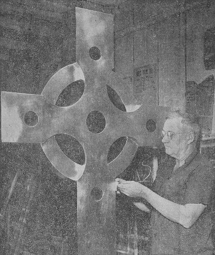 06.jpg - "Arch Vining applies gold leaf to the Celtic cross which will be unveiled at the top of the new sanctuary of the Stone Church of Willow Glen" begins the article in the July 9th, 1955 San Jose Evening News.  Continuing, "the cross on which Vining, local sign painters working is an exact reproduction in redwood of the original Celtic cross still standing on the Isle of Iona off the coast of Scotland.  It stands over seven feet in height."