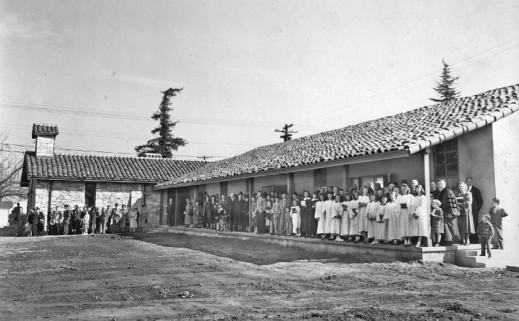 7.jpg - Members gather outside.  Photo was taken about 1950.